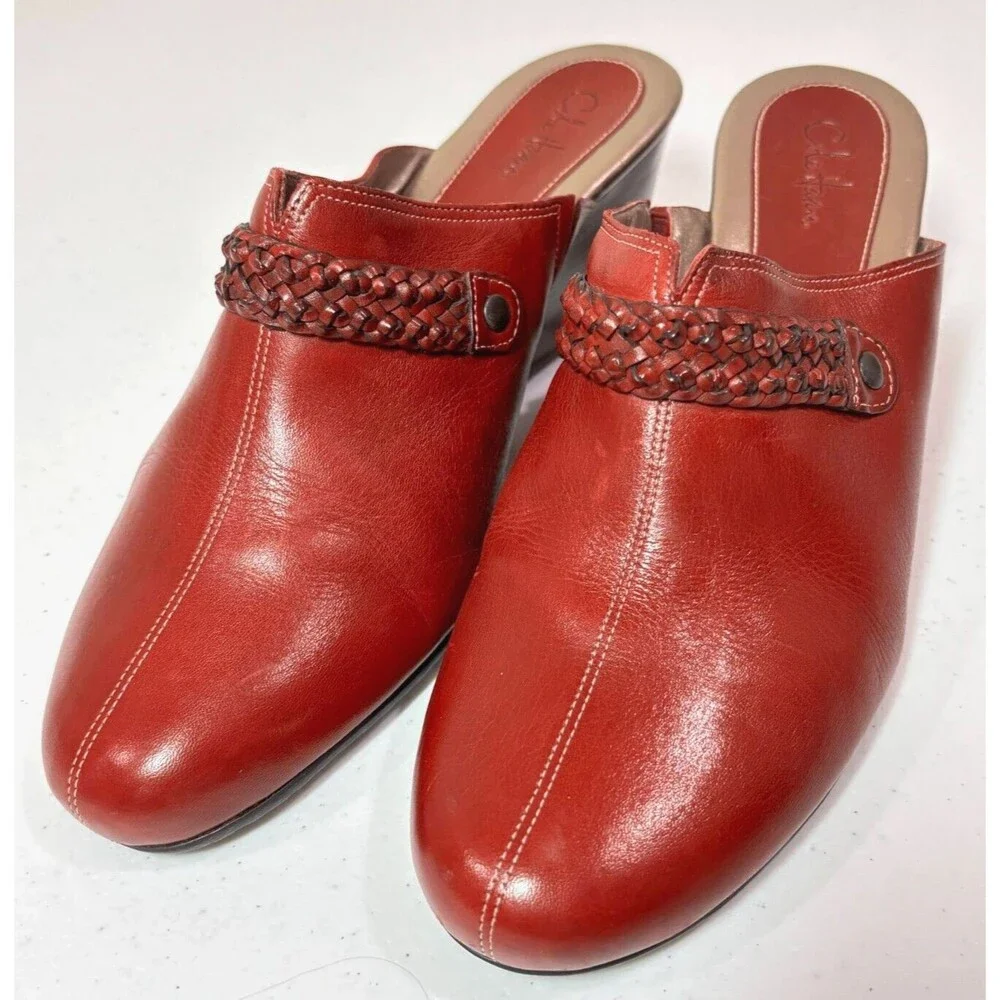Cole Haan Red Leather Wedge Clogs Mules Shoes Womens 9B Braid Western Boho